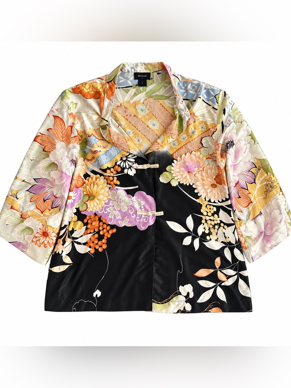 Natori Floral Satin Top Women's Medium Japanese Inspired Kimono Print Statement
